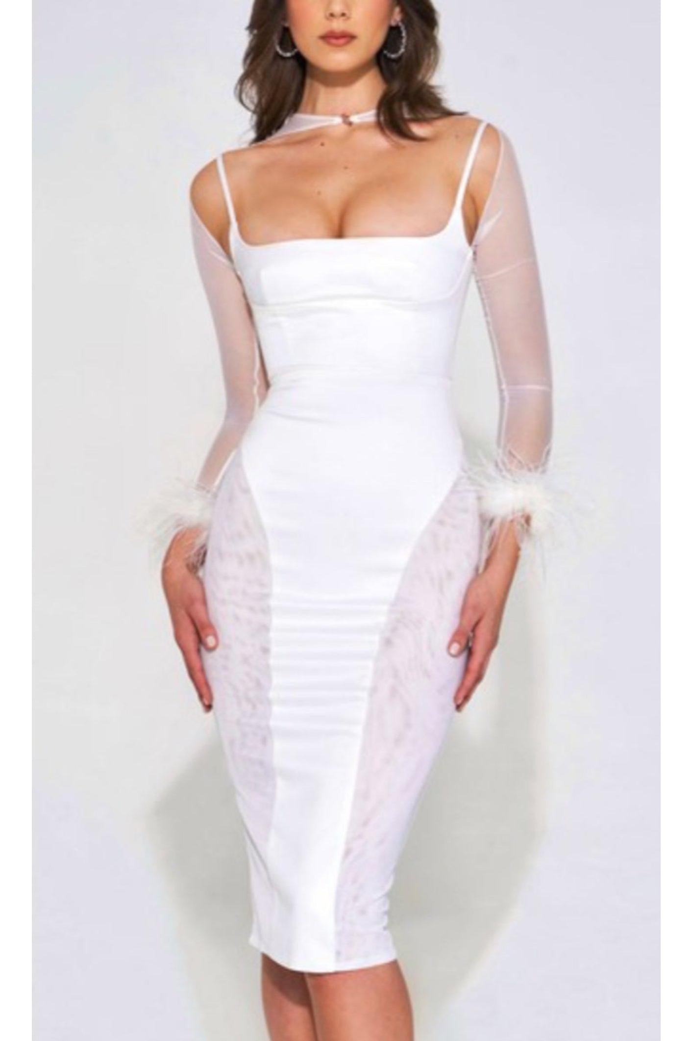 white ruffled midi dress Doux White Ruffled Trim Pleated Midi Dress