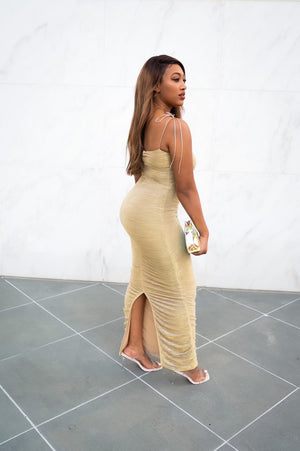 Take Me Out Gold Ruched Maxi Dress